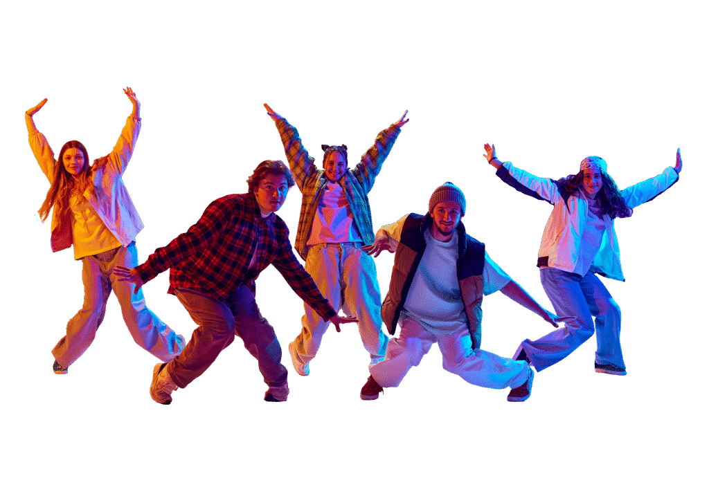 Viisi nuorta tanssii hiphop-tyylistä tanssia, Populon nuorisokortti kädessä.